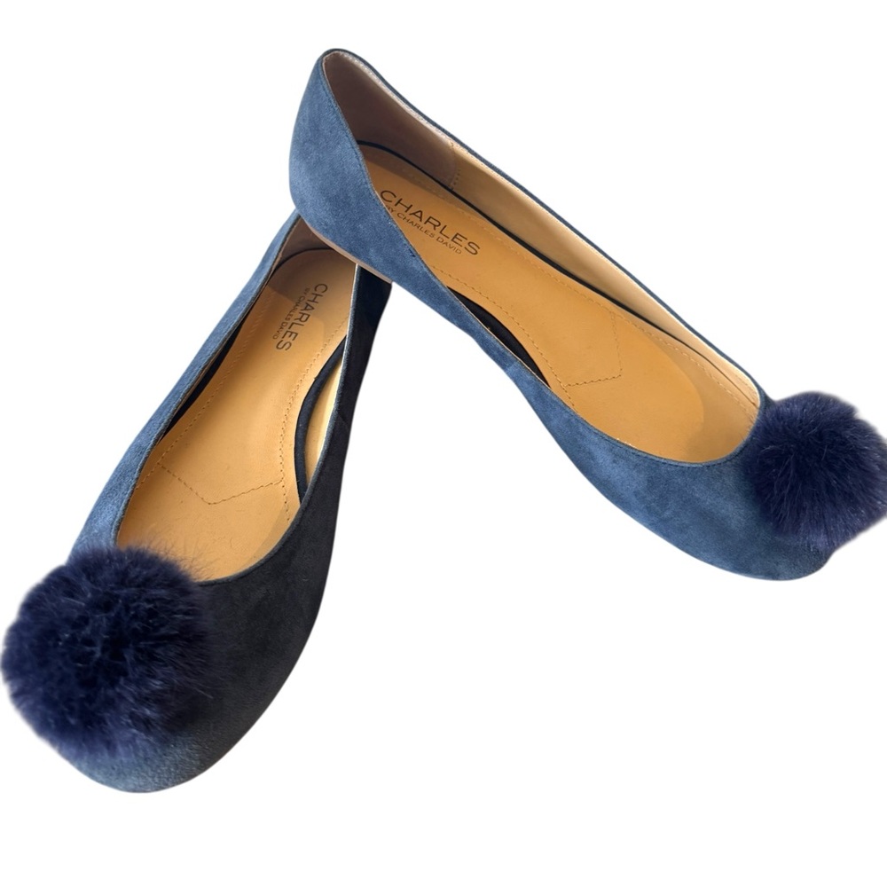 CHARLES by Charles David Blue suede Flats with Pom Pom Detail